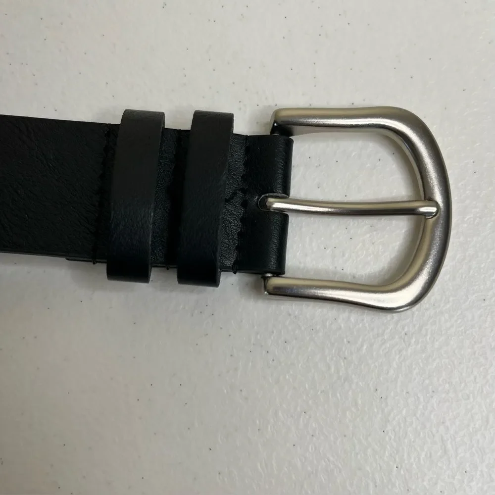 Faux Leather Black Belt Silver Buckle Classic Basic Simple 1.5